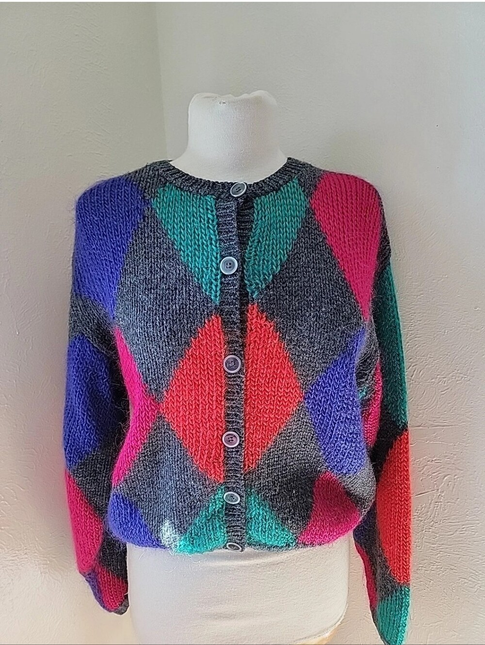 Vintage Argyle Button-Front Women’s Sweater Angora Wool Preppy Academia Grunge